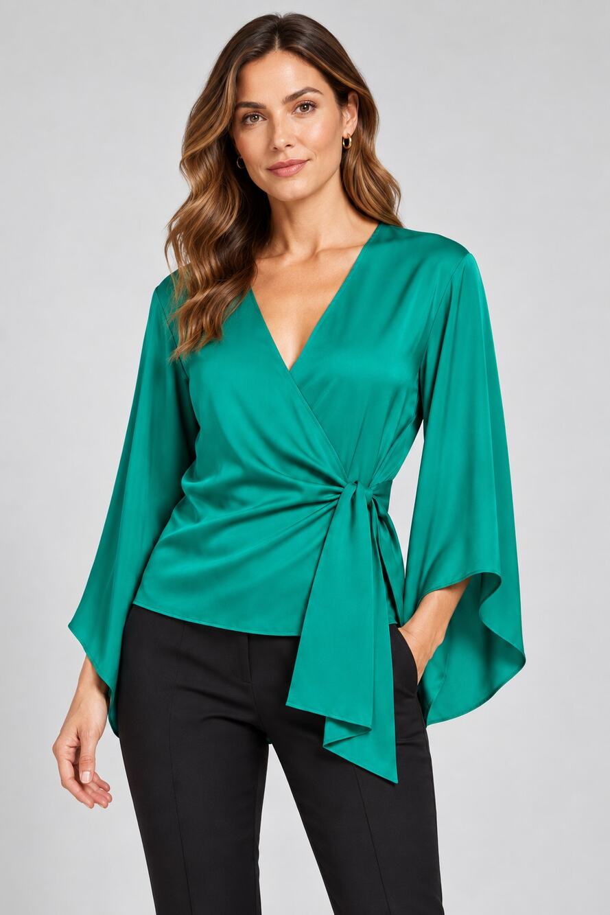 Ramy Brook Cassandra Tie-Front Blouse Teal Green Long Sleeve Medium